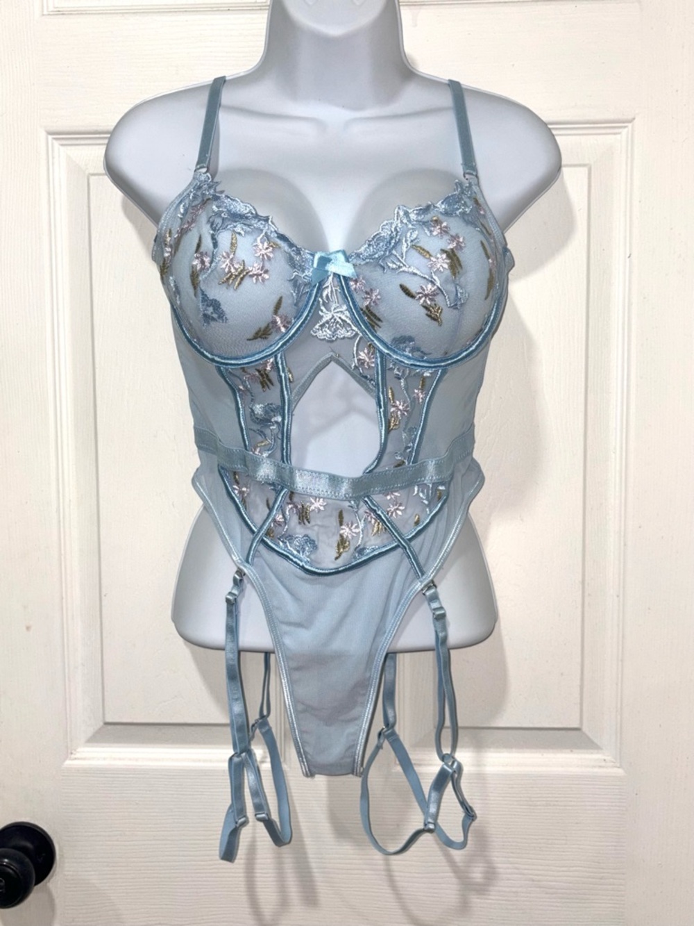 Embroidered Light Blue Underwire Bodysuit Teddy with Removable Garter Straps